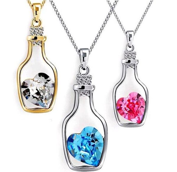 Souhaitant bouteille bijoux coeur pendentif colliers mode cristal étincelle pierre sautoir pour filles vente GD8