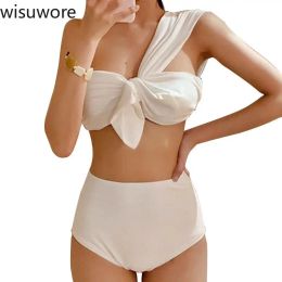 Wisuwore een schouderbikini's set sexy hoge taille dames zwempak zomer zwemkleding vrouwen 2023 nieuw vast badpak strandkleding