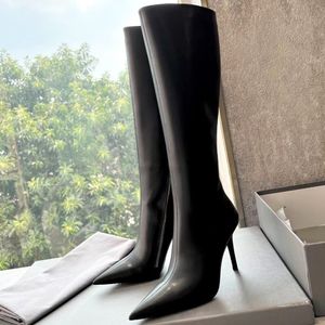 Witch 110mm Boot Black Dames lamsleren kniehoge laarzen zijrits schoenen spitse neus naaldhak hoge laars luxe ontwerpers schoen voor dames fabrieksschoeisel