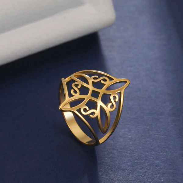 Anillo de oro de 14k con nudo de bruja, Cruz Wiccan, nudo celta, anillos para mujeres y hombres, amuleto de protección de buena suerte, regalos de Año Nuevo