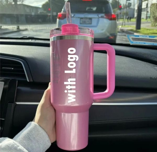 avec logo 1: 1 Cosmo Winter Pink Shimmery ÉDITION LIMITÉE Gobelets de 40 oz Tasses de 40 oz Couvercle Paille Bouteille d'eau de grande capacité Cadeau de Saint Valentin Pink Parade e0126