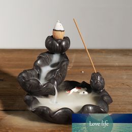 Avec 10 cônes d'encens, Lotus Pond Fish Backflow Brûleur d'encens Porte-bâton d'encens Encensoir en céramique