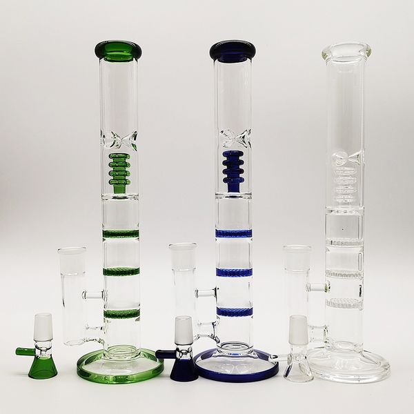 3 Couleurs Tube Droit En Verre Bong Triple Percolateur Huile Dab Rigs Cage À Oiseaux Perc Bongs En Verre Épais Conduite D'eau 18mm Joint Avec Bol