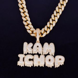 Avec 20MM 16 pouces chaîne cubaine nom personnalisé pour hommes lettres à bulles goutte à goutte chaîne pendentifs colliers glace sur zircon cubique Hip Hop Jewe339Z