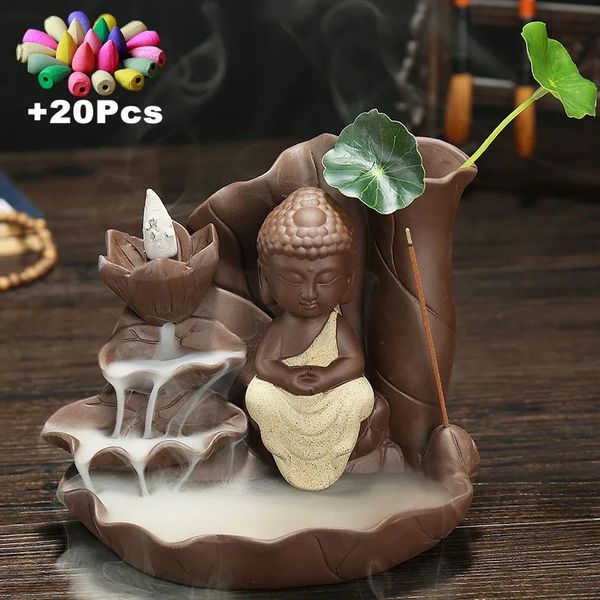 Avec 20pcs Cônes Purple Sand Handicraft Lotus Bouddha Backflow Encens Stick Stickder Ceramic encein Tea Pet 240411