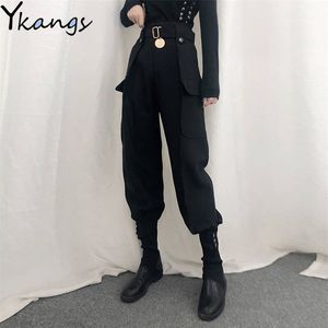 Con cinturón Botón Bolsillos Slim Cargo Pantalones Mujeres Cintura alta Vintage Harajuku Streetwear Harem Pantalones Gótico Cualidades Pantalones Mujer 211112