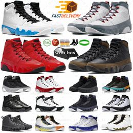 Met doos 9 heren basketbalschoenen 9s Fire Red Light Olive concord deeltjesgrijs unc chili blauw gefokt patent antraciet heren trainers sport sneakers H3XC#