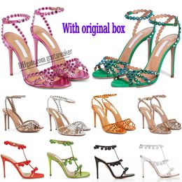 Avec boîte Aquazzura sandales strass décoration designer talons hauts chaussures de mariage sexy bride à la cheville semelle en cuir véritable sandale cristal talon aiguille chaussures pour femmes