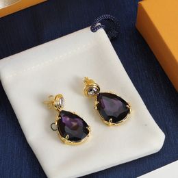 Con CAJA, joyería clásica de diseñador para mujer, oro de 18 quilates con aretes de piedras preciosas de color púrpura, aretes de piedra de circonio de tendencia, regalos de joyería de roca