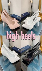 Met doosontwerper Heels Dress Shoes Logo Gedrukt 75 mm Highheeled Borde lederen pompen Zwart Wit Pink Slingback Luxe vrouwen WE9150928