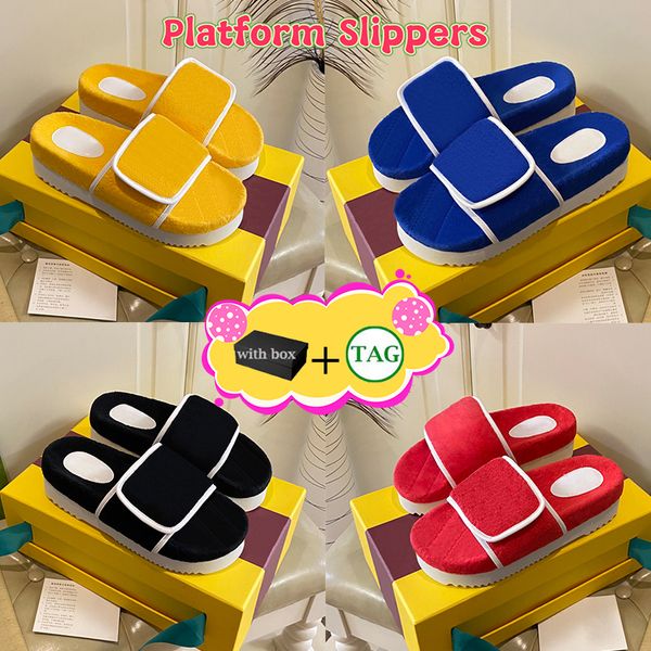 Con caja Diseñador Zapatilla Hombre Mujer xAD Algodón Esponja Cinta mágica Plataforma en relieve Sandalias Verano Playa de lujo Amarillo Negro Verde Azul Rojo 5.5 CM Hombres Mujeres Zapatillas