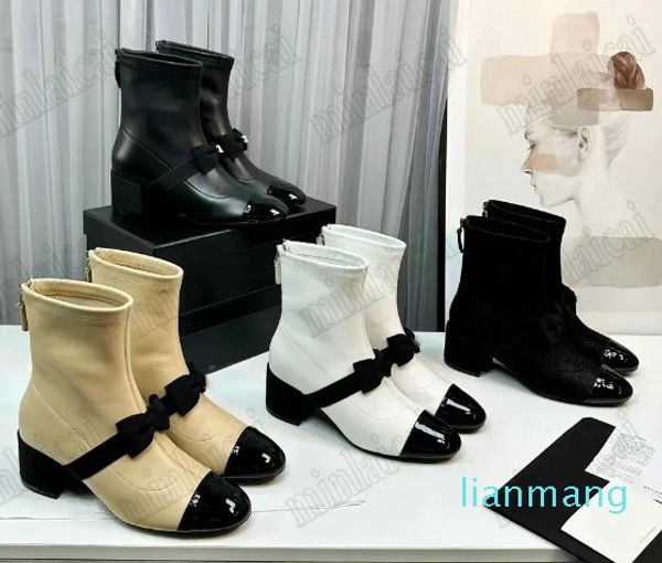 Con caja Botas para mujer de diseñador Bota de tobillo con lazo Botas cortas de cuero de piel de cordero elásticas blancas para damas