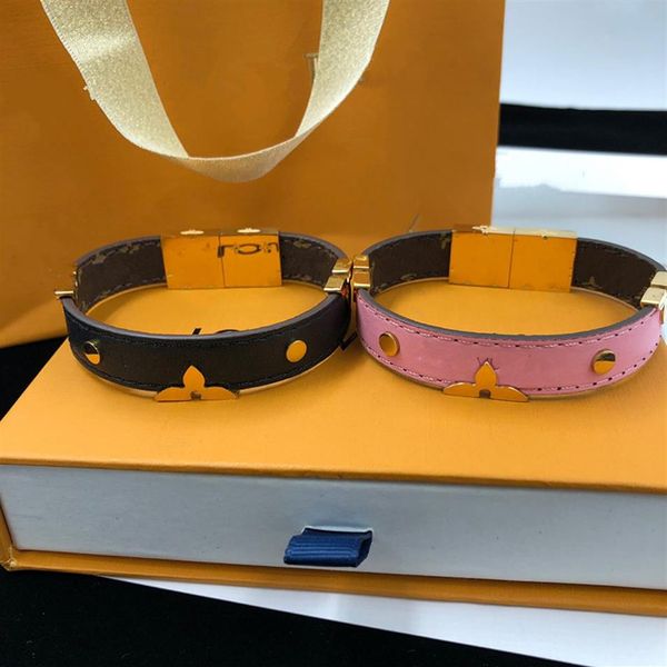 Con CAJA Diseñadores Pulseras con dijes de flores Cuero de calidad Mujeres Hombres Pulsera de oro Rosa Negro Clors Letra Pulseras de marca Jewelry231o