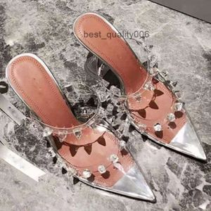 Valentino Вы Con caja es ity 2023SS Amina Muaddi Sandalias de mujer Julia Mule Glass Transparente PVC Sandalia de tacón alto White Crystal St Qzi Valentines 8AA8