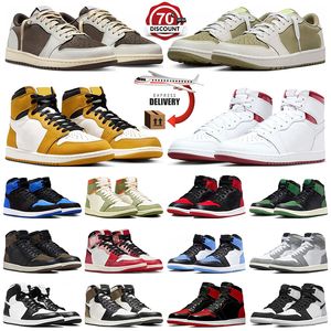 avec boîte Jumpman 1 chaussures de basket-ball basses 1S jaune ocre métallisé bordeaux inverse moka satiné Bred UNC jumpman1s baskets pour hommes femmes baskets sport