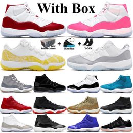 Con Box Jumpman 11 Zapatillas de baloncesto Hombre Mujer 11s High Cherry Pink Yellow Snakeskin Cool Grey Bred Blue Olive Low Cement Grey Zapatillas de deporte para hombre Tamaño 36-47