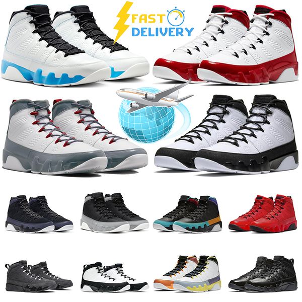 Avec boîte Jumpman 9 Chaussures de basket-ball 9S Feu Rouge Poudre Bleu Particule Gris UNC Chili Bleu Gym Brevet Anthracite Statue Hommes Baskets De Sport Formateurs