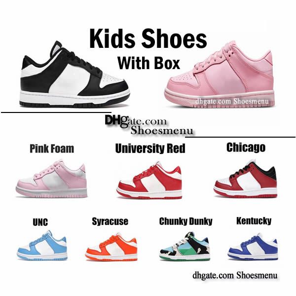 Con caja Zapatillas para niños Diseñador de alta calidad Bajo Niños Niñas Niños Bebé Zapatos para niños pequeños Blanco Negro Panda UNC Azul Triple Rosa Espuma Universidad Rojo Verde Naranja Sombra
