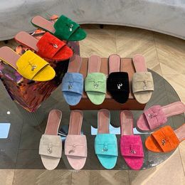 Met doos loro piana slippers voor vrouwen open teen casual klassieke sandalen loafers schoenen dames platte dia's slipper designer luxe hoog elastisch rundvlees tend l8m7#
