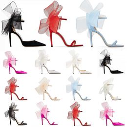 Met doos luxe designer High Heels sandalen vrouw hiel pompt gemiddeld pompt eveline sandaal met asymmetrische grosgrain mesh fascinator bogen schoenen