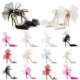 Avec BOX Luxury Designer Sandals femmes talons hauts Averly Pumps Aveline Sandal avec Asymmetric Grosgrain Mesh Fascinator Bows Womens Shoes