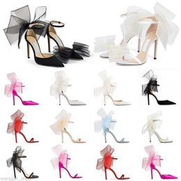 Met doos luxe designer sandalen vrouwen hoge hakken pompen gemiddeld pompen aveline sandaal met asymmetrische grosgrain mesh fascinator bogen schoenen 8 9 10 goed