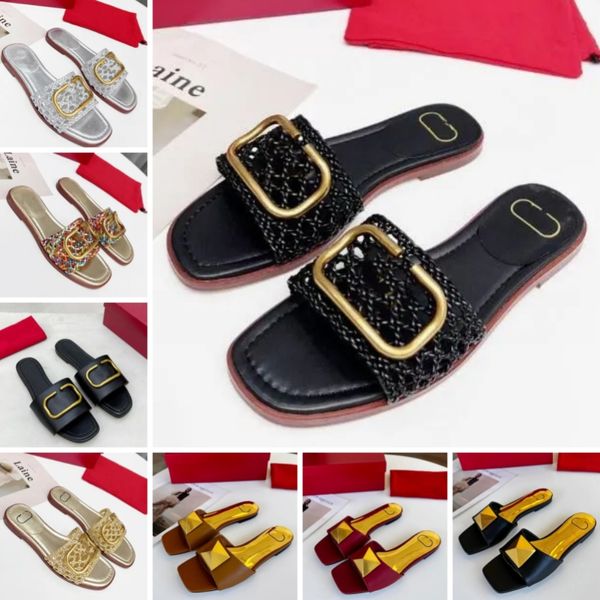 Con caja Zapatillas de diapositivas de tela bordadas de lujo Diapositivas de diseñador para mujeres Sandalias de paseo por la playa de verano Moda Zapatos de zapatillas planas de tacón bajo
