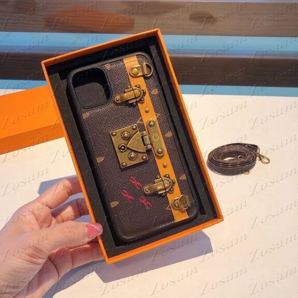avec boîte étui de téléphone de verrouillage en métal floral de luxe pour iPhone 14 13 12 Pro Max en cuir marron étui en TPU housse de sangle