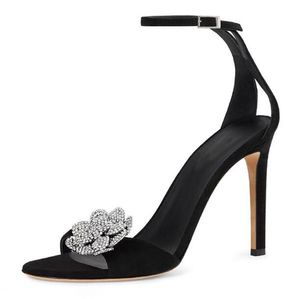 Mujeres atractivas de lujo zapatos de tacones altos de gamuza dedos abiertos Sandalias Flores Rhinestone fiesta vestido de novia zapatos diseñador moda dama stiletto