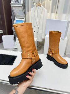 Met doos Luxe lange dameslaarzen Montezu hoge laars Italië Trendy platforms Waterdicht Zwart Bruin Leer Dubbele gespen Designer Klassiek Winteridee Lange laarsjes