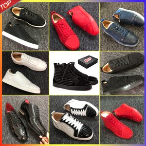 Met doos nieuwe designer loafers rode bodems heren schoenen plaatvormige rode bodems hoge casual vrouwen schoen zwarte glitter platte trainers