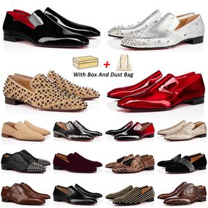 Avec Boîte Rouge Bas Mocassins Hommes Chaussures Habillées Bout Pointu En Daim Noir En Cuir Verni Rivets Paillettes Mocassins Hommes Créateur De Mode De Luxe