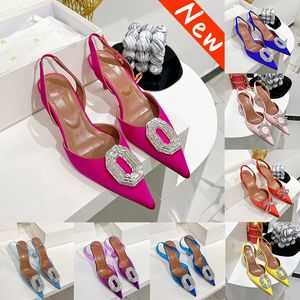 With Box Amina Muaddi damesschoenen Camelia Glass Begum Rosie zijde Sling 90 naaldhakken lichtroze koningsblauw hoge hak 9,5 cm luxe bruiloft schoenen