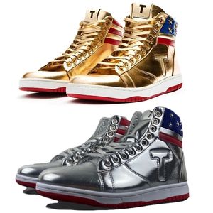 Met doos T sneakers Designer Basketbal Casual schoenen The Never Surrender High Tops Donald Trump Gold Patent Leather Custom Men Sneaker Comfort Sport Trendy Outdoor