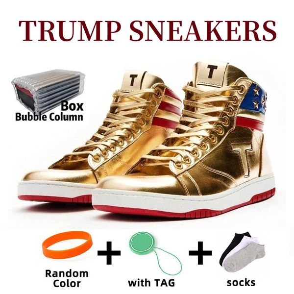 Con las zapatillas de deporte de la caja T Trump, el diseñador de alta tops de nunca rescate 1 TS Gold Men Custom Sneakers Outdoor Sport Casual Lace-Up Outdoors Party Zapatos