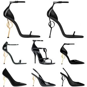 Met doos dames luxe kledingschoenen ontwerper Hoge hakken Patent Leather Gold Tone Triple Black Naakt Red Dames Lady Heel Fashion Sandals Party Bruiloft Dames Sandaal