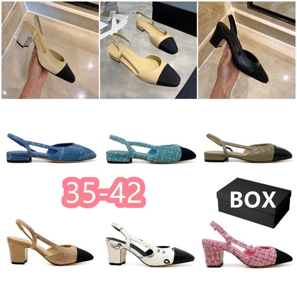 Con Caja Zapatos de Vestir con Tacón Sling para Mujer Tacones de Diseñador Sandalias Tacones Altos Cuero Tacón Grueso Vaca Colores Mezclados Zapatos de Moda para Mujer Apertura Oficina Formal