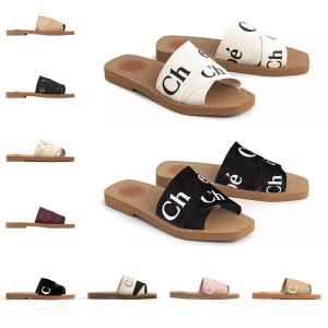 Met Doos Dames Woody Slides Designer Canvas Rubber Slippers Wit Zwart Zacht Roze Zeil Dames Muiltjes Platte Sandalen Mode Outdoor Strand Sh Tj 2113