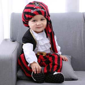 avec Cap Vest Red Knight Pirate Halloween Costume Combinaison Stripe Costume bébé garçon Halloween robe de fête enfants vêtements pour enfants 3-15M 210226