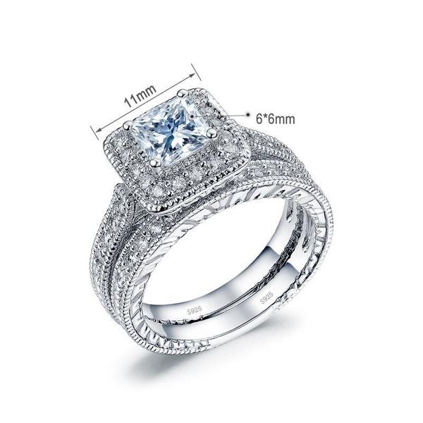 Avec certificat 2 pièces Original 925 bagues de mariage en argent ensemble princesse coupe carré 1.0ct zircone bagues en diamant pour les femmes