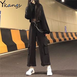 Avec la chaîne Baggy Cargo solide pantalon noir gothique Harajuku Streetwear 2020 Hip Hop femmes pantalons femme jambe large pantalon poche coréenne LJ201029