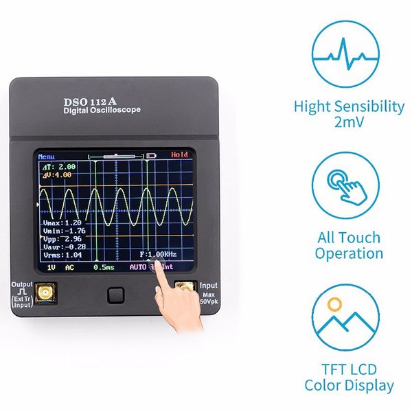 Envío gratuito con pantalla a color 1Set Dso112A Tft Mini Osciloscopio digital Pantalla de contacto Interfaz de osciloscopio Usb portátil 2Mhz 5Msps