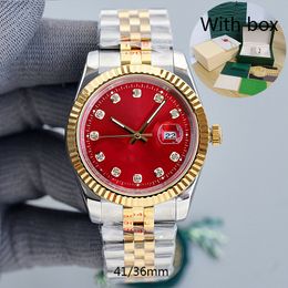 Com relógio de diamante, mostrador vermelho, espelho de safira, 41mm, mecanismo automático, 36mm, moda feminina, relógio de luxo, pulseira de aço inoxidável 904L com caixa, relógios de pulso à prova d'água