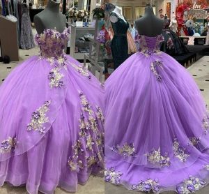 met Jurken Lavendel Quinceanera 3D Bloemen Appliqué Kralen Pailletten Op maat gemaakt Sweep Trein Gelaagd Tule Zoet 15 16 Prinses Optocht Baljurk Vestidos