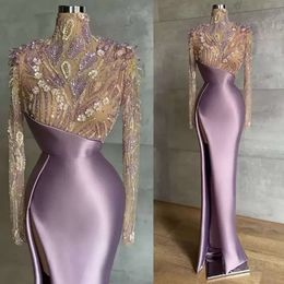 Met lavendel mouwen Mermaid Lange avondjurken Beading High Neck Satin Side Slit Plus Size Illusion Top Prom feestjurken Designer Vestidos