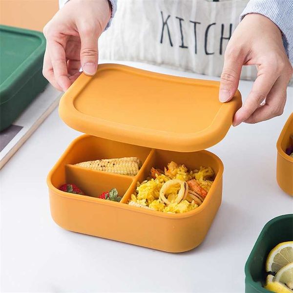 Avec couvercle Silicone Lunch Box Fresh-King Bento Fruit Salad Bowl Portable Scellé Rectangle Pique-nique Lunchbox 211104