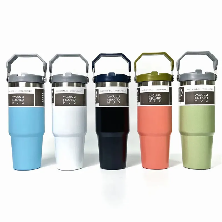 With Logo 20oz 30oz Tumblers Vacuum Insulated Stainless Steel Double Wall Coffee Tea Mugs With Handle Straw Lid ss0303