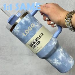 Met logo 40oz H2.0 Tye Dye Mokken Cups roestvrij stalen tuimelaars thermisch geïsoleerd 40 oz 2e generatie met handgreeplid en stro grote capaciteit auto 1pc DHL U1222