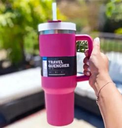 DHL Rose vif prêt à expédier 40 oz tasses Tumbler avec des gobelets isolés de poignée couvercles paille en acier inoxydable café Termos Cup 1017