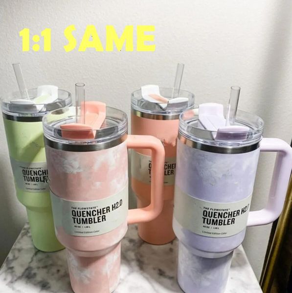 Avec logo DHL Quencher 40oz Tumbler Tie Dye Bleu clair Rose Léopard Poignée Couvercle Paille Tasse de bière Bouteille d'eau Revêtement en poudre Coupe de camping en plein air E1226